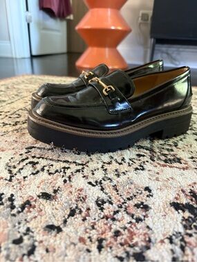 Black Patent Leather Lug Sole Loafers with Gold Bit